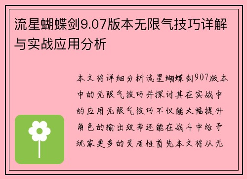 流星蝴蝶剑9.07版本无限气技巧详解与实战应用分析