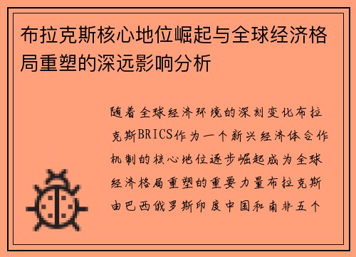 布拉克斯核心地位崛起与全球经济格局重塑的深远影响分析